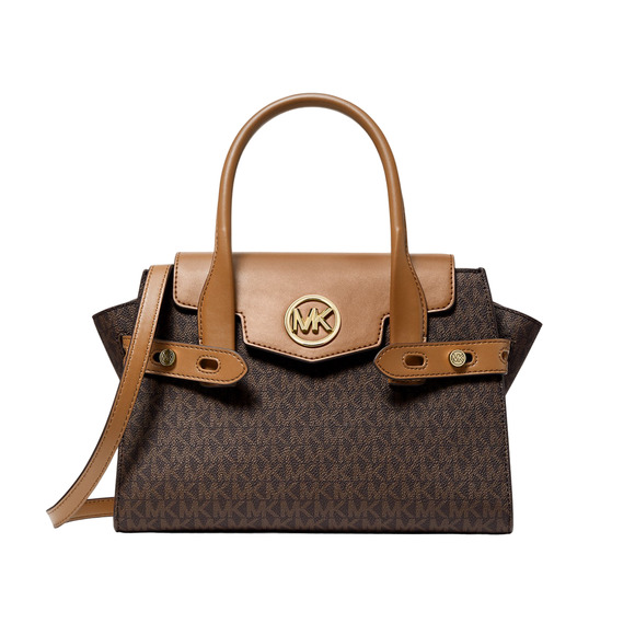 Michael Kors Carmen Medium Logo Belted Satchel Bag Handbag Brown Nwt $558 - Picture 1 of 3
